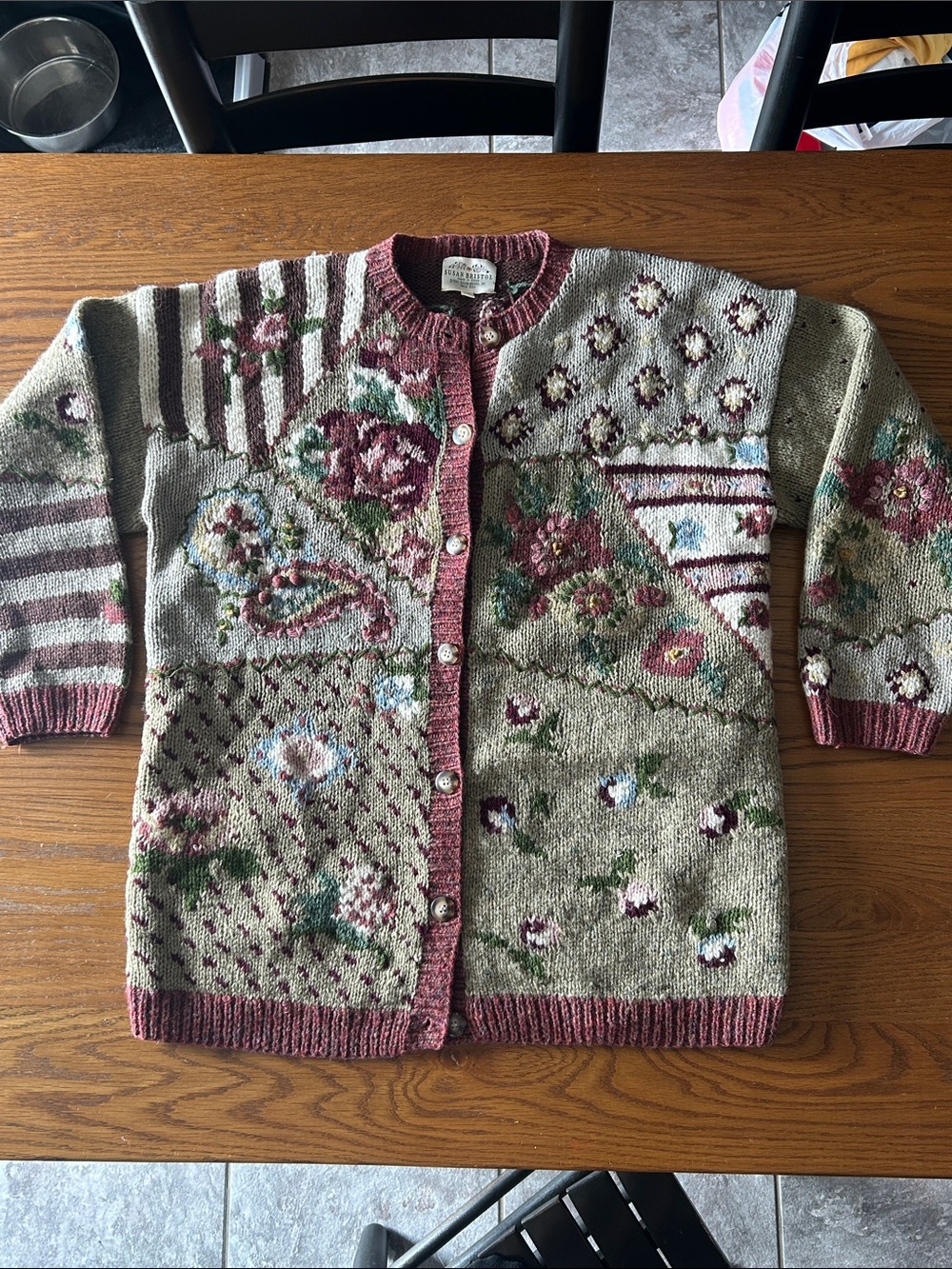 Vtg 1993 Susan Bristol Patchwork Floral Appliqué Wool Cardigan Sweater Button LG